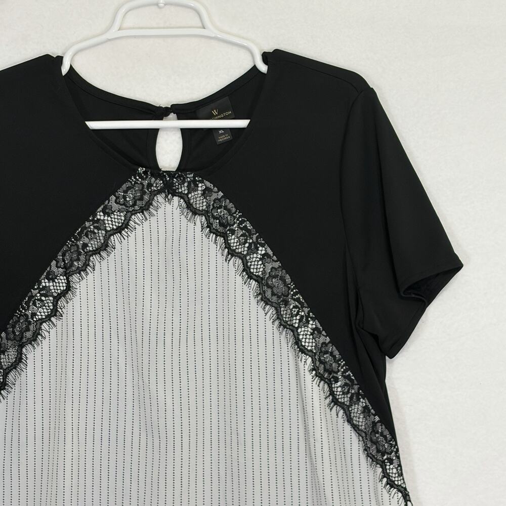 Worthington Blouse Womens Size XL Pinstriped Black White Lace Business Casual - Picture 4 of 10